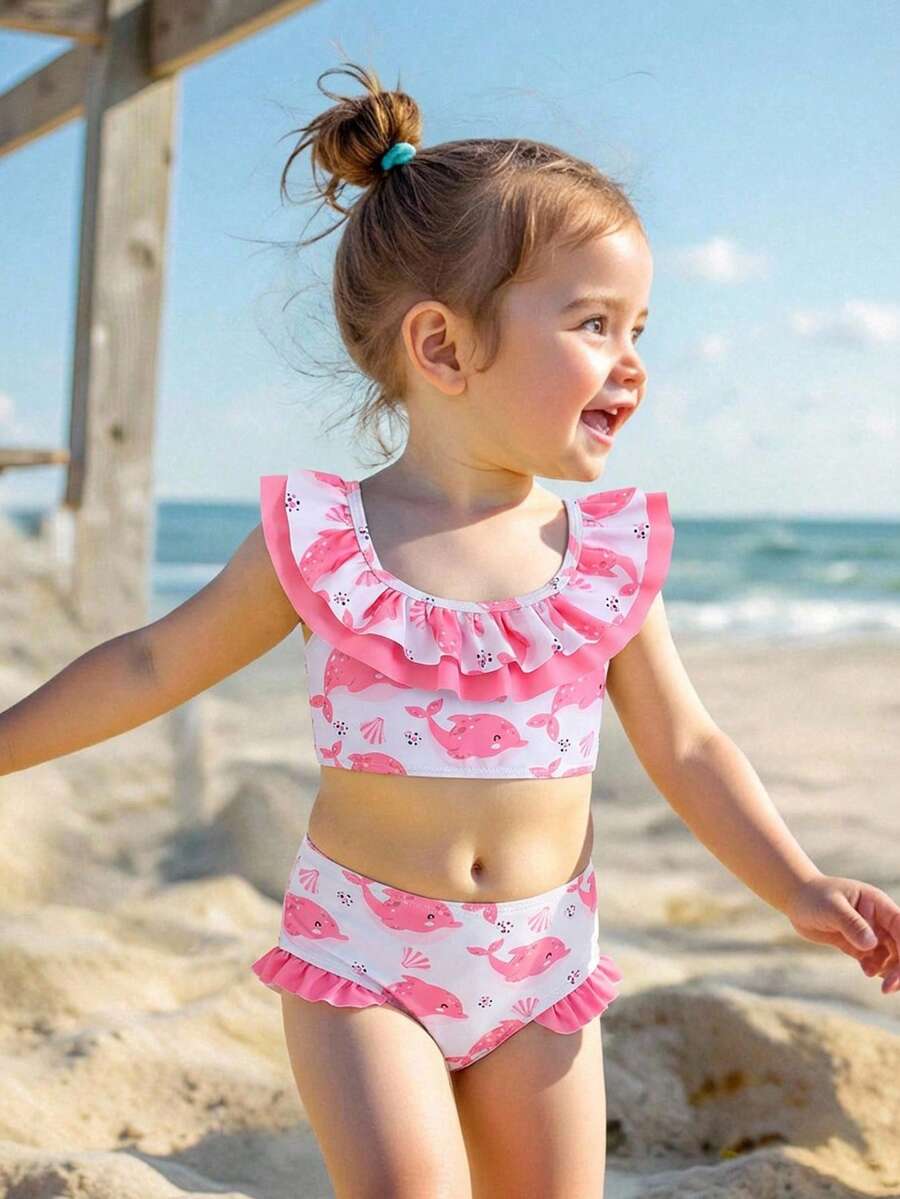 新款时尚女婴豹纹荷叶边两件式比基尼套装