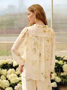 MOTF PREMIUM Áo kiểu nữ tay dài dáng rộng lãng mạn, in hoa và đính đá, thích hợp cho mùa xuân/hè. - Màu be - Xem 3