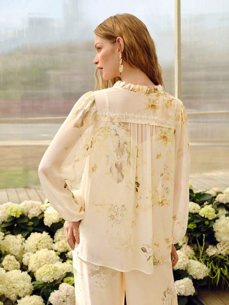 WOMEN'S FLORAL PRINTED RHINESTONE EMBROIDERED LOOSE ROMANTIC LONG SLEEVE BLOUSE, SPRING/SUMMER