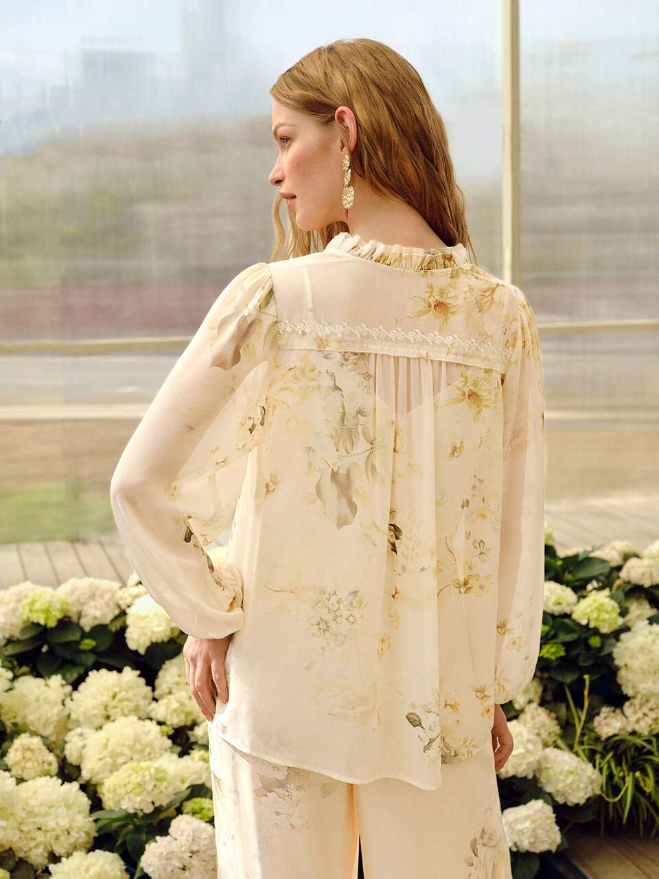 WOMEN'S FLORAL PRINTED RHINESTONE EMBROIDERED LOOSE ROMANTIC LONG SLEEVE BLOUSE, SPRING/SUMMER
