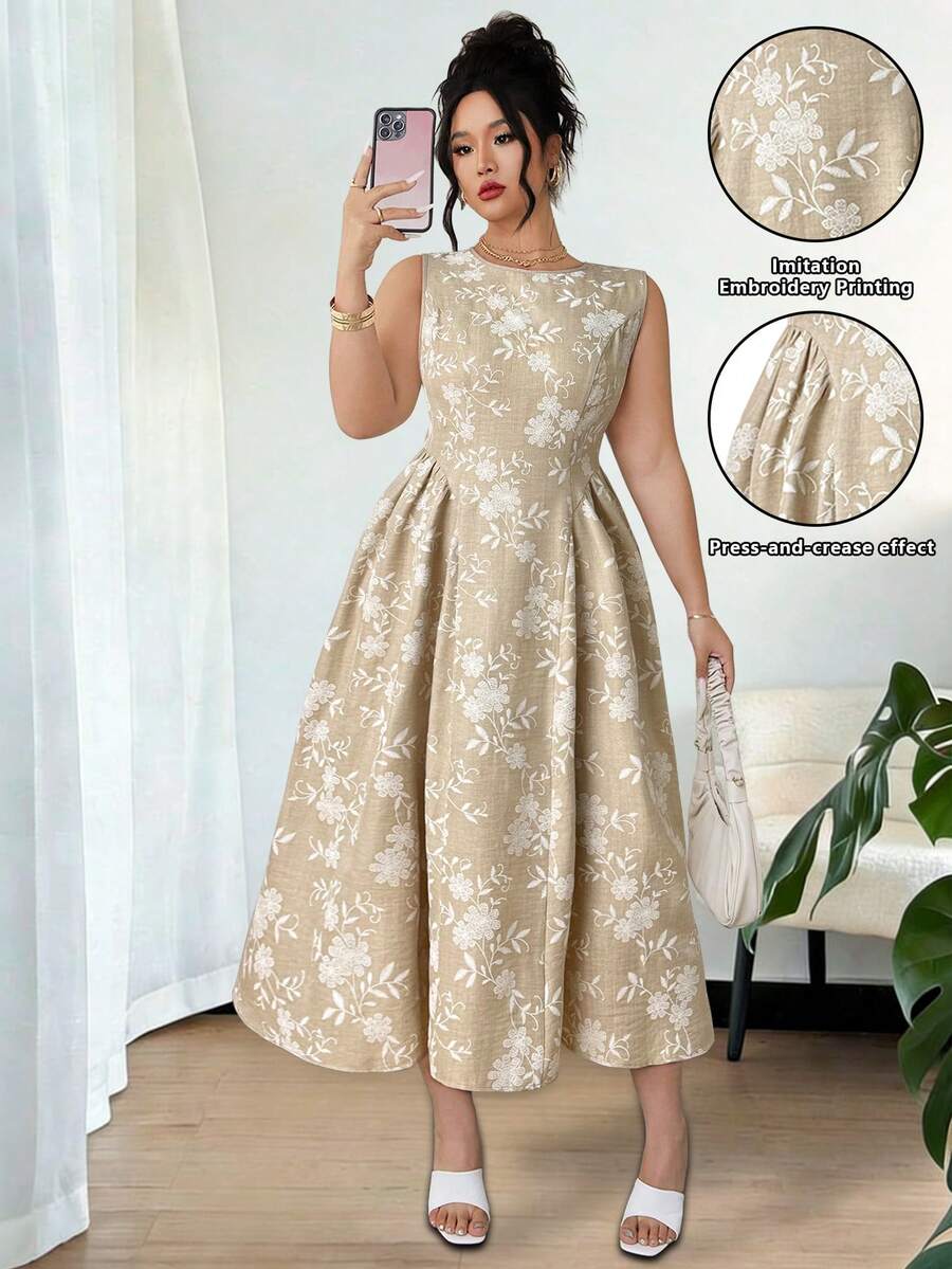 Elenzga Plus Size Women's Elegant French Style Embroidery Print Sleeveless Waist Cinched Jacquard Midi Dress,Beige Summer Wedding Bridal Wedding Guest Dress - Apricot - View 1