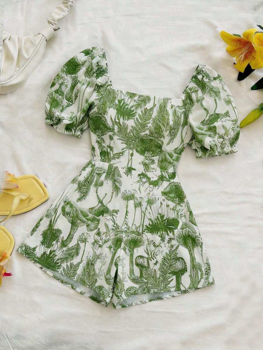 Soleia 大码女式方领蓝色手绘花卉印花泡泡袖短袖连体裤,春季 - 綠色 - 查看 1