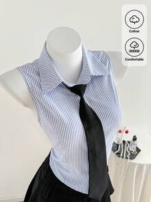 Comfortcana 1 pieza Blusa sin mangas tejida con corbata a juego Blusa sin mangas Tops preppy Ropa de trabajo para mujer Nuevos lanzamientos primavera/verano 2026 Conjuntos de verano de moda para mujer Atuendo de playa Salida Atuendos de vacaciones Blusa casual para mujer Estilo Y2K de los años 2000 Atuendos de verano para mujer Primavera Atuendos de primavera Ropa de primavera para mujer Vacaciones Ropa de fiesta de boda elegante Atuendos de vacaciones en la playa para mujer Casual, Día de San Valentín, Carnaval, Playa, Vacaciones, Ocio en casa, Calle, Universidad, Vintage americano Blusa casual - Azul - Ver 8