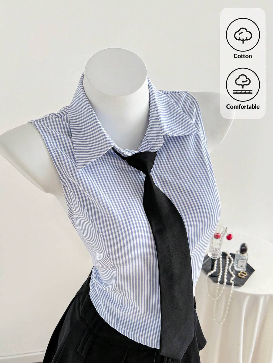 Comfortcana 1件装女士无袖梭织衬衫，配同色领带，学院风上衣，夏季工作上衣，2026春夏新款，时尚夏季女装，适合海滩度假、休闲外出等场合，Y2K 2000年代风格，春季春假、春季女性度假、婚礼派对、优雅假期、海滩度假、休闲、情人节、狂欢节、海滩、假日、居家休闲、街头、大学、美式复古休闲衬衫。 - 藍色 - 查看 1