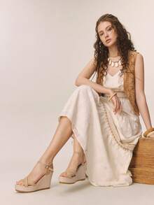 Styleloop 女士厚底坡跟凉鞋 红色夏季露趾草编鞋 波西米亚风度假正装鞋 罗马沙滩凉鞋 - 卡其色 - 查看 3