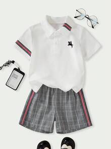 SHEIN Explorewe 男童时尚Polo领印花拼接丝带短袖上衣和休闲格子拼接丝带短裤套装，适合日常通勤，春夏季 - 彩色 - 查看 1