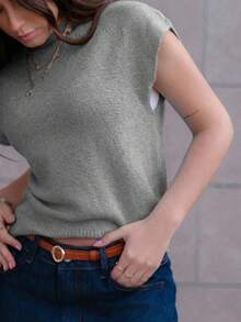 Hitanina 优雅高领宽松休闲百搭秋冬无袖针织毛衣背心 - 淺灰色 - 查看 3