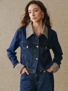 Anewsta 女士春夏时尚优雅拼接格子浪漫派对休闲度假蓝色长袖外套上衣牛仔裤 - 藍色 - 查看 5