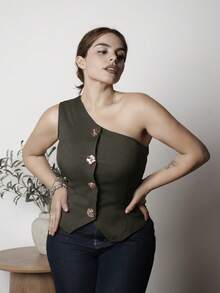 Lupita Cardoza Fashionable & Elegant Multi-Wear S Design Metal Buckle Decor Sexy Oblique Shoulder Black Blouse For Women, Spring/Summer Green - Army Green - View 6