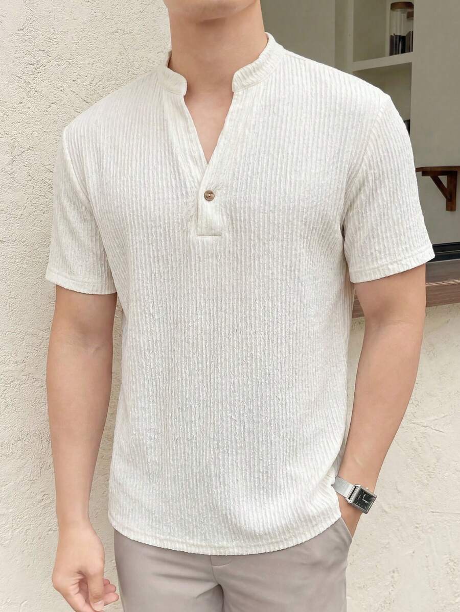 Manfinity VCAY Men's Casual Solid Color Short Sleeve Shirt, Summer  Plain Eyelet Embroidered Short Sleeve Weave Casual Shirt With Hollow-Out Pattern, For Vacation, Beach For Husband Boyfriend Gift Simple Fashion Commuting V Neck Men Shirt Beach Clothes For Men White Cream Men Summer Top Knitted Men Shirt Polo Shirt For Men Casual Polo Blouse For Men Mens T Shirts Casual Chinese Collar Polo For Men
