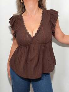 Jeta Ari 夏季海滩度假提花针织盖袖 T 恤 - 咖啡棕 - 查看 3