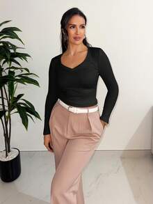 MDEdit 女款 Y2K 街头风树枝图案紧身 V 领 T 恤 - 黑色 - 查看 6