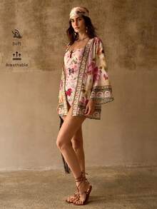 MOTF PREMIUM ELEGANT FLORAL PRINT 3/4 SLEEVE LOOSE COVER UP KIMONO - Multicolor - View 5