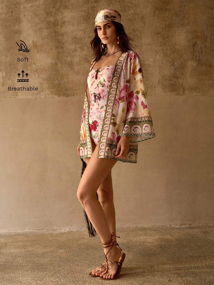MOTF PREMIUM KIMONO HOLGADO CON ESTAMPADO FLORAL ELEGANTE DE 3/4 DE MANGA - Multicolor - Ver 1