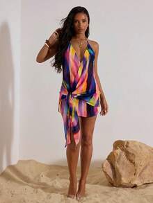 Opulessa 女士扎染印花扭腰性感吊带迷你连衣裙 - 彩色 - 查看 4