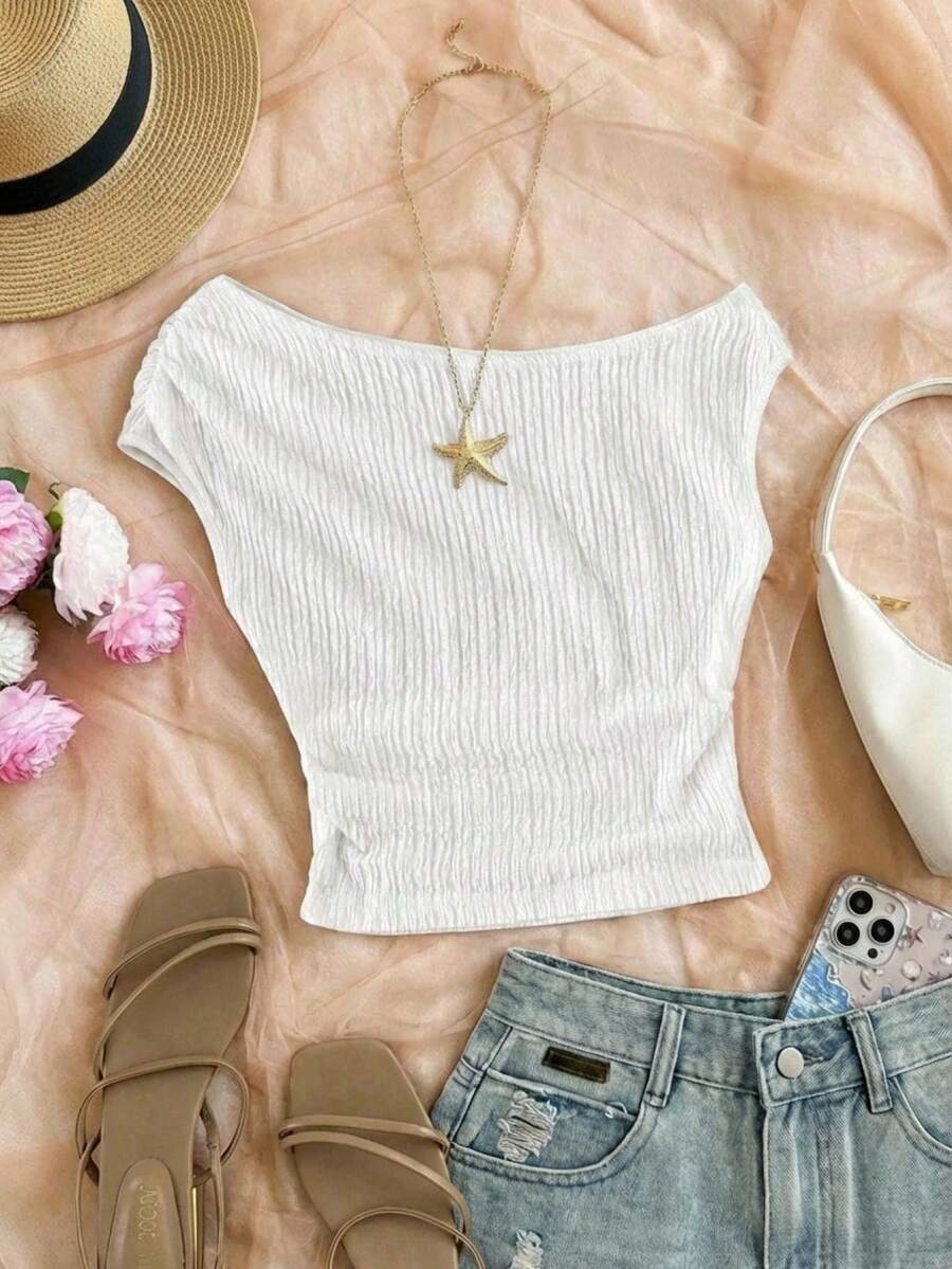SHEIN Tween女孩白色不對稱肩紋理上衣,垂直壓褶布料無袖短版設計,柔軟面料適合夏季,不對稱領口風格,小眾紋理質感,適合日常/休閒穿著,貼身不緊繃,易搭配易打理,打造溫柔優雅女孩風 - 白色 - 查看 1
