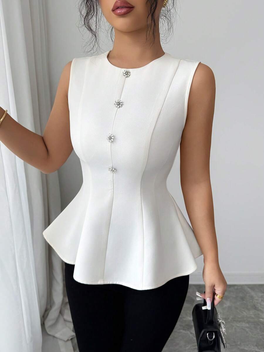 Selianne Women's Elegant White Summer Office Peplum Top,Vintage French Style Round Neck Sleeveless Buttoned Gathered A-Line Camisole Shirt,Business Work Tops - Apricot - View 1