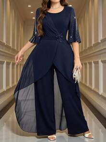 SHEIN Clasi Women's Plus Size Elegant Navy Blue Rhinestone Jumpsuit,Summer Wedding Guest Overlapping V-Neck Wide Leg Sequin Patchwork Formal Cocktail Outfits - Navy Blue - View 12