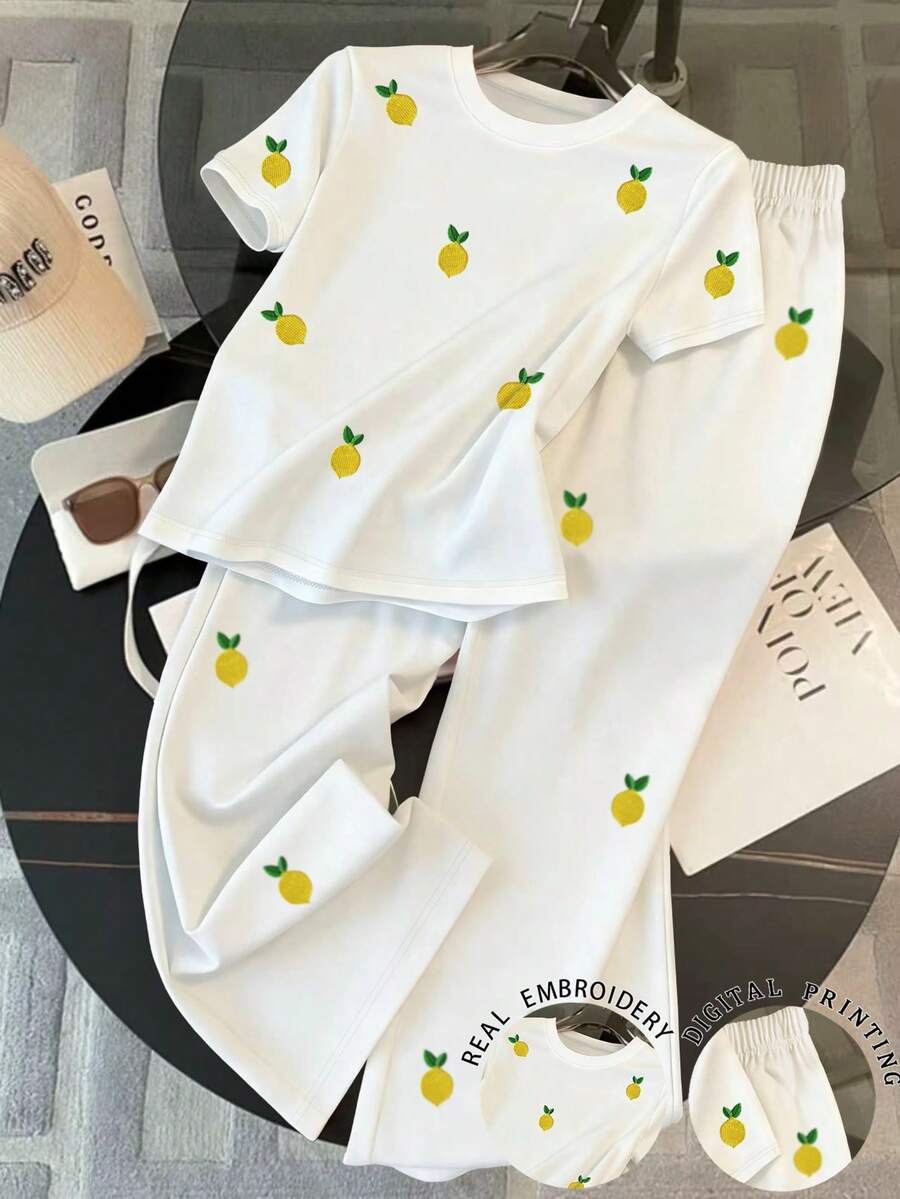 INAWLY 女式休闲柠檬刺绣 T 恤和裤子两件套，夏季 - 白色 - 查看 1