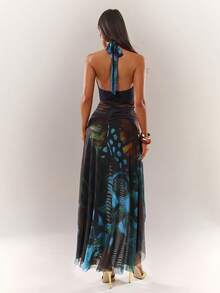 性感优雅不规则下摆蝴蝶印花修身连衣裙，V领露背连衣裙，飘逸网纱连衣裙，度假连衣裙，沙滩连衣裙，约会连衣裙，适合休闲外出、都市生活、购物、下午茶、约会、派对、鸡尾酒会、俱乐部、晚宴、庆祝活动、假日等场合。 - 彩色 - 查看 3