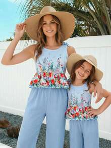 Conjunto de camiseta de tirantes con volantes y estampado floral y pantalones casuales texturizados para niña - Azul - Ver 1