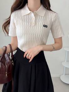 FRIFUL Women's Casual Basic Braided Knit Short Sleeve Top, Versatile For Daily Wear Summer Back-To-School Golf White - Beige - View 5