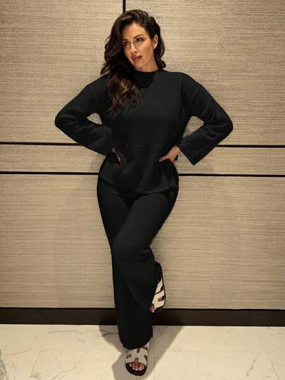 MDEdit 女士實色長袖毛衣和針織褲套裝