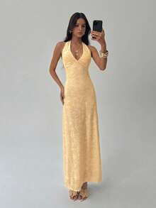 Aloruh White Flocked Elegant Backless Dress, Suitable For Valentine's Day And Wedding Season - Yellow - View 3