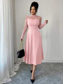 Modelyn 女士优雅法式蕾丝拼接设计中长款派对连衣裙 - 粉色 - 查看 5