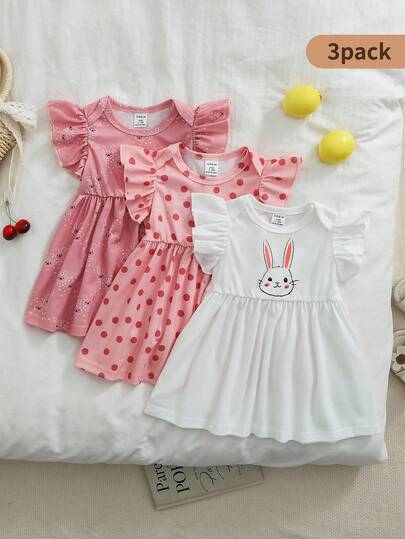 Playful Pals 3pcs/Set Newly Born Baby Girls Round Neck Puff Sleeve White & Pink Rabbit Animal Polka Dot Print Cute Casual Dress & Skirt Set, Suitable For Summer Daily Wear, Home Or Vacation