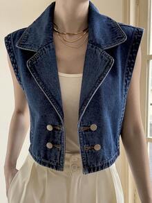 Livesso Áo sơ mi denim không tay dáng rộng dành cho nữ có cổ - Màu xanh lam - Xem 4