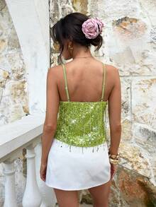 Serisse Women's Sequin Twist Design Fashionable Versatile Daily Wear Camisole Top - Green - View 2