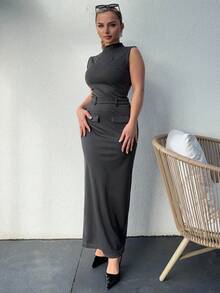 Jeta Ari 2 件套女士纯色领无袖上衣和迷你裙，简约风格 - 深灰色 - 查看 4