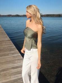 Sydney Algeri Women's Solid Color Ruched Bandeau Top For Vacation - Olive Green - View 4
