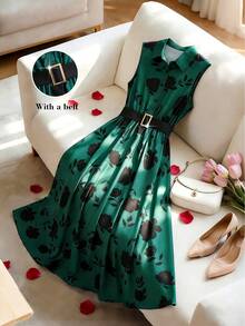 GlowEve Damen Mode Pendler Elegant Täglich Lässig Knopf Taille Gürtel Metall Schnalle Revers Weste Grün Schwarz Blumen Elegant Blumen Urlaub Party Maxikleid, Frühling/Sommer Weste Maxikleid - Verschiedenfarbig - Übersicht 6