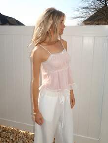 Sydney Algeri 撞色网眼荷叶边下摆娃娃装吊带上衣，学校款 - 粉色 - 查看 6