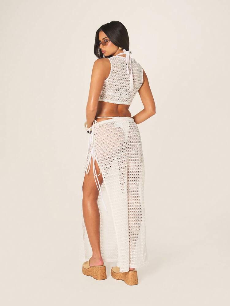 MISSGUIDED Crochet Crop Top And Side Split Maxi Skirt Two Piece Outfit Set Summer Beach Vacation Festival Boho Chic Co-Ord White Matching Set