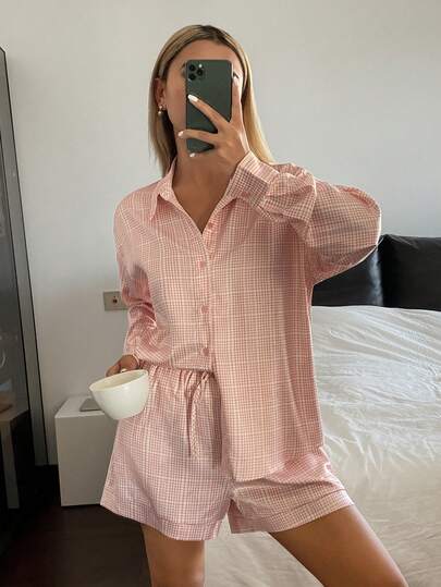 DAZY 优雅格子缎面衬衫上衣和短裤女士睡衣套装