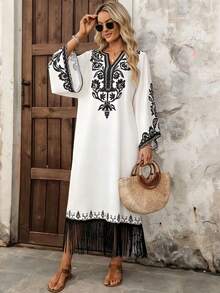 EMERY ROSE Women's Floral Print V-Neck Flare Sleeve Loose Vacation Dress - Multicolor - View 4