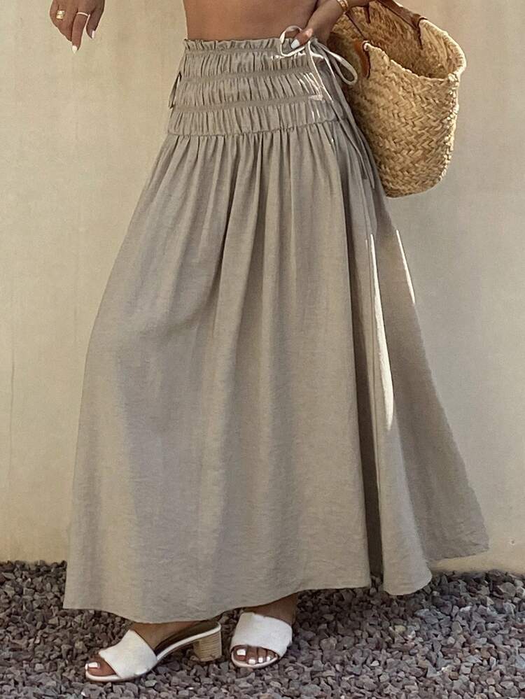 Beach Party Holiday Outfit Summer Tie-Waist Loose Solid Color Women Skirt