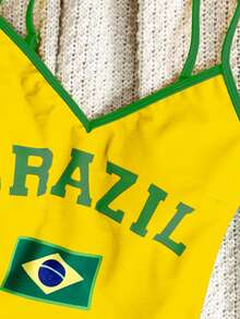 Swim SXY 2026 New Spring/Summer Women One-Piece Printed National Flag Spaghetti Strap Backless Beach Vacation Casual Swimsuit - Green - View 5