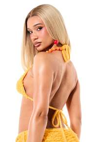 SUMWON WOMEN Crochet Textured Bralette And High Rise Hot Pants Two Piece Set Summer Beach Festival Coord Outfit - Yellow - View 2