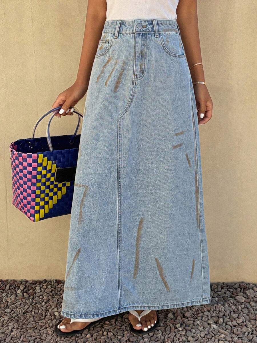 DAZY Distressed Print Loose A-Line Maxi Denim Skirt, Casual Summer Vacation For Women - Blue - View 1