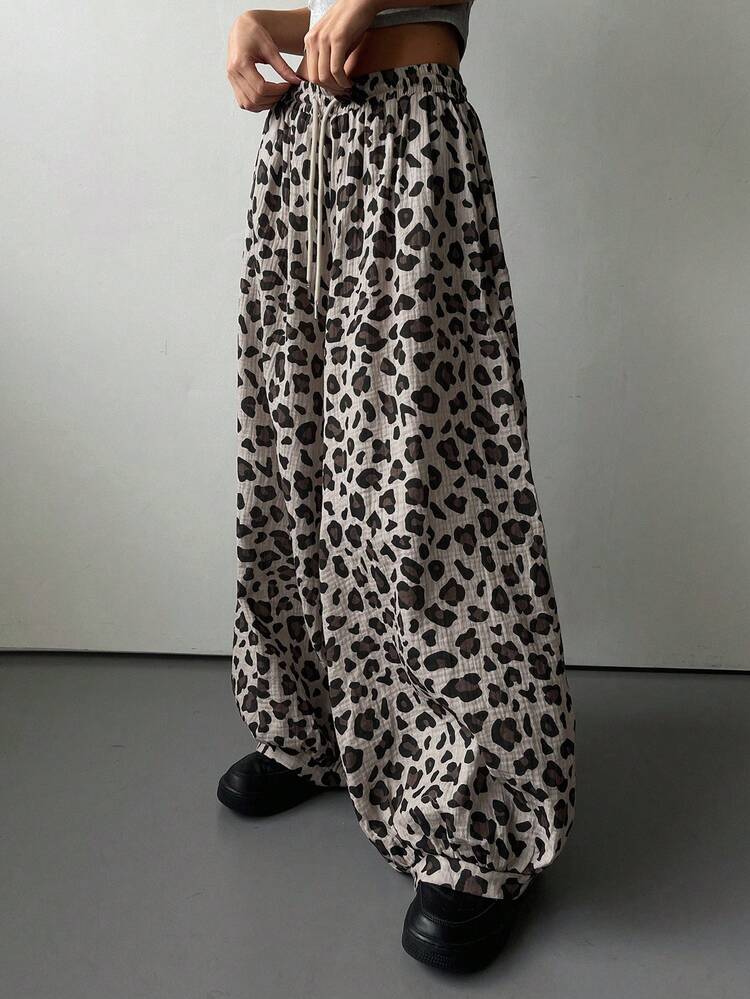 Leopard Print Loose Elastic Waist Casual Harem Pants, Suitable For Street, Holiday, Summer