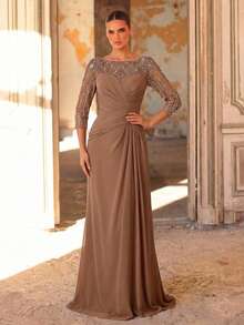 Elegant Luxurious Pearl Beaded, Sequin, Embroidered Mesh & Chiffon A-Line Ruffle Dress, Suitable For Wedding, Party, Holiday, Bridal, Mother Of The Bride, Evening Gown Brown Formal Dress Long Sleeve Formal Dress Elegant Brown Dress Mother Of The Bridal Dress Evening Mother Of Groom Dress Brown Dresses Classy Elegant Brown Wedding Guest Dress Brown Elegant Dress Women Long Sleeve Elegant Dress - Champagne - View 6
