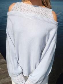 Sydney Algeri 女士宽松镂空落肩长袖休闲毛衣，秋季 - 藍色 - 查看 3