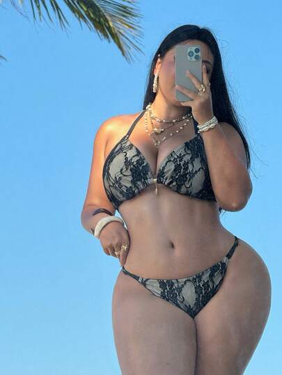 Swim SXY 2026 New Plus Size Women's Fashion Bikini Set Set, Halter Neck Tie Strap, Triangle Top & Lace Net Splice, Sexy Party Beach Holiday 2-Piece Swimwear