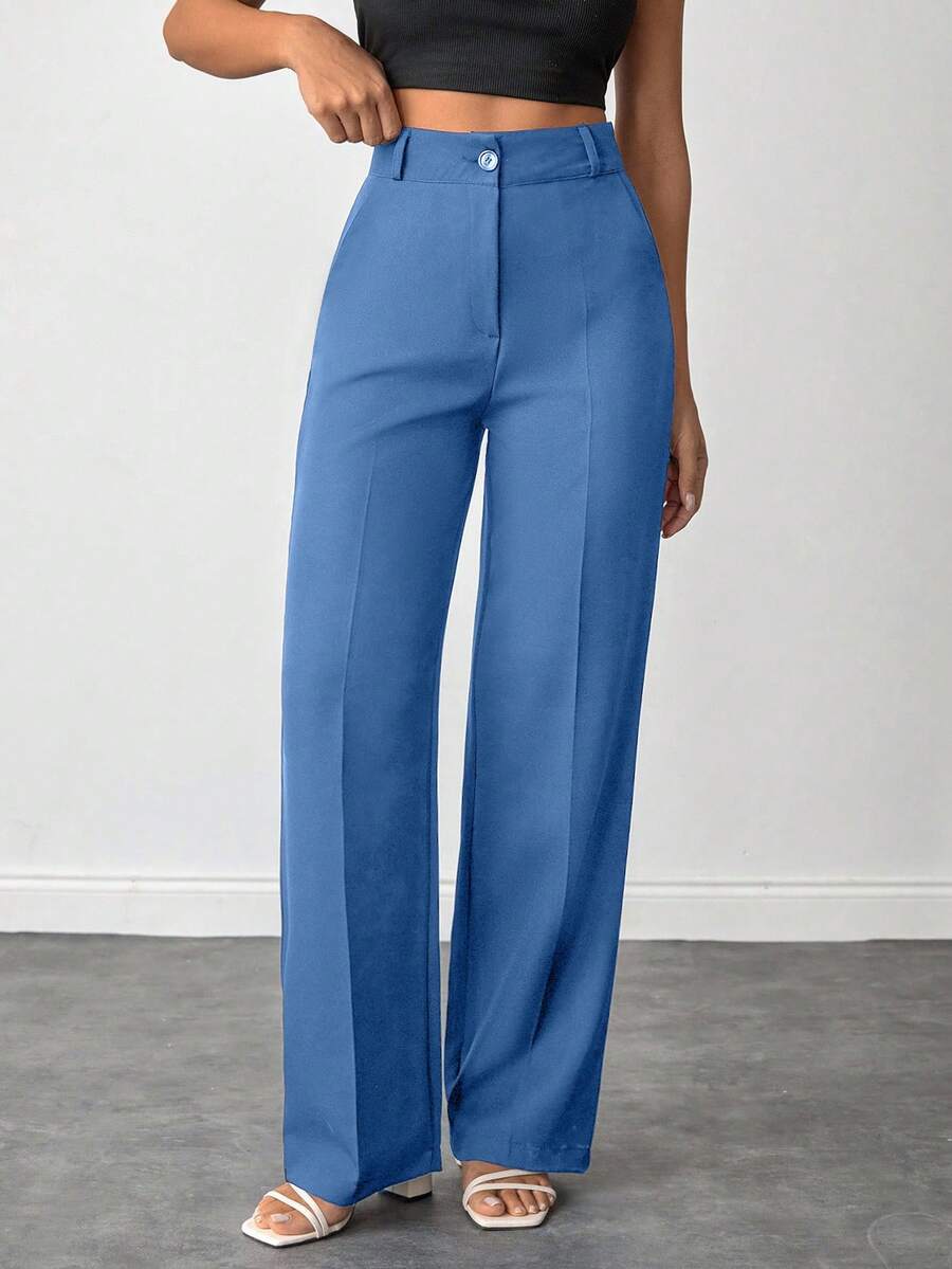 SHEIN Petite Size Women Solid Color High Waist Straight Leg Pants For Everday Wear - Dusty Blue - View 1