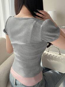 FRIFUL 女士撞色系带蝴蝶结两件套，修身显瘦，适合春夏休闲穿着，百搭时尚。 - 灰色 - 查看 7