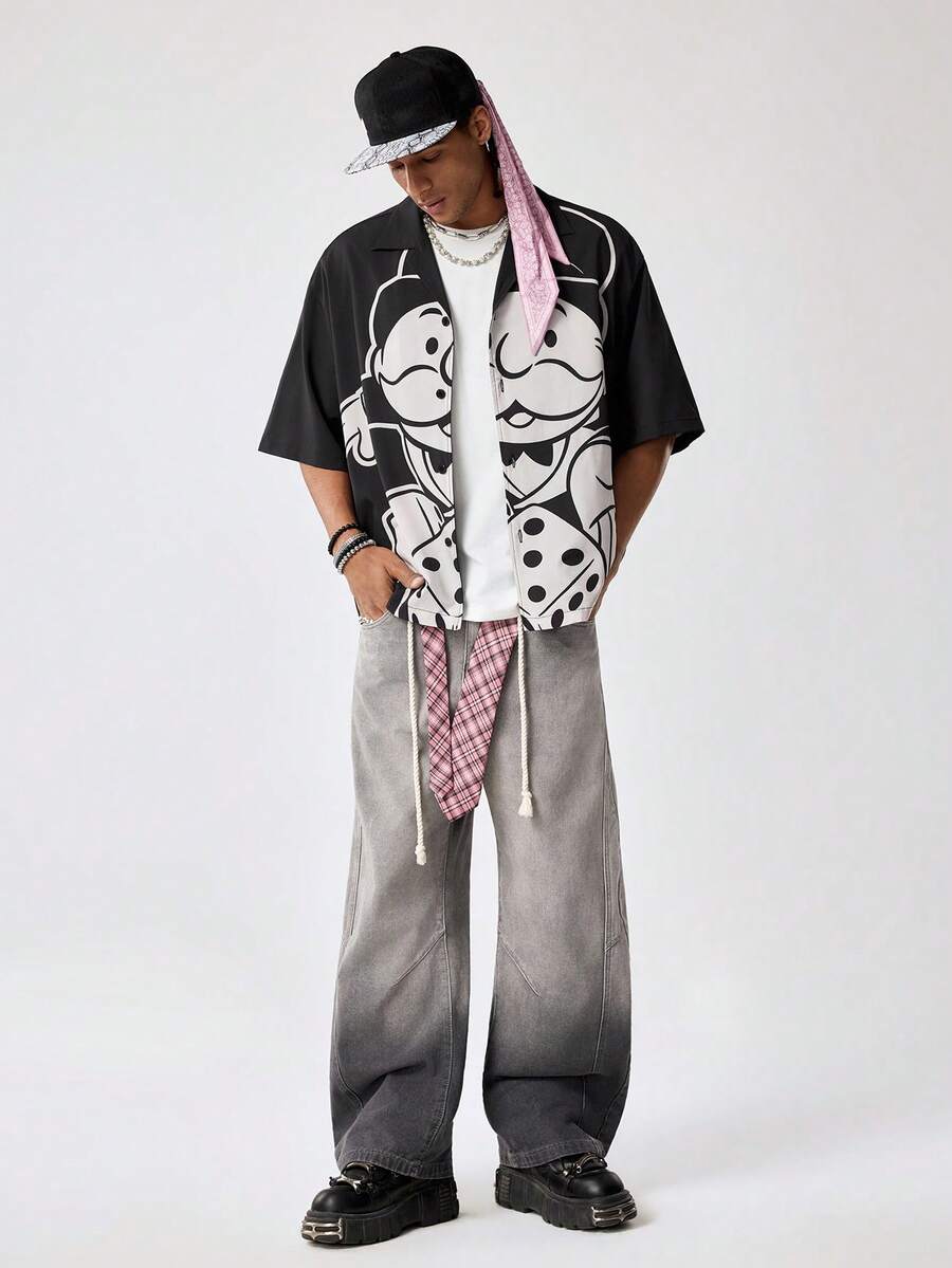 MONOPOLY X SHEIN Men's Casual Cartoon Print Short Sleeve Shirt, Summer - Black - View 1